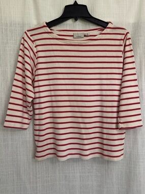 L.L. Bean Cream and Red Striped Boatneck Tee 100% Cotton Coastal Basic Size XL